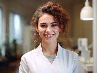 Schöne Zahnärztin lächelt in die Kamera, während sie in einer Zahnklinik steht.