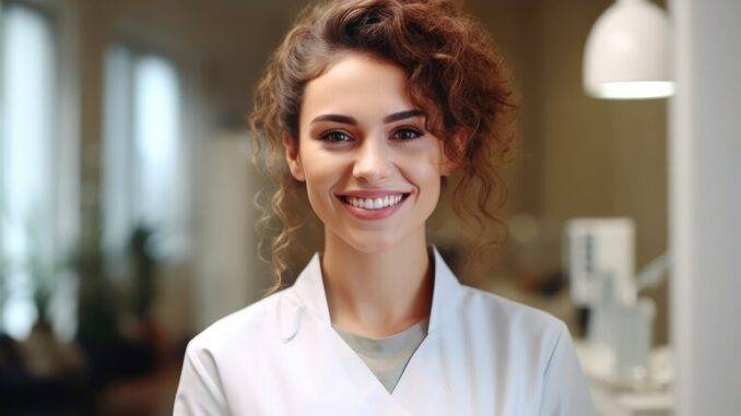 Schöne Zahnärztin lächelt in die Kamera, während sie in einer Zahnklinik steht.
