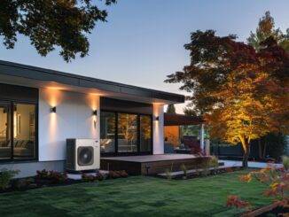 Ein modernes Haus mit großen Fenstern und einem gepflegten Garten, ausgestattet mit einer energieeffizienten Wärmepumpe.