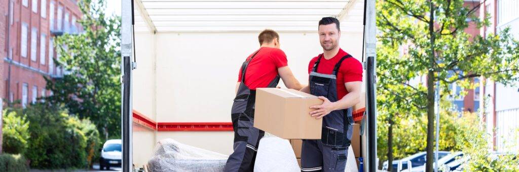 Zwei Umzugshelfer in roten Hemden und schwarzen Overalls entladen Kartons aus einem Transporter vor einem Wohnhaus.