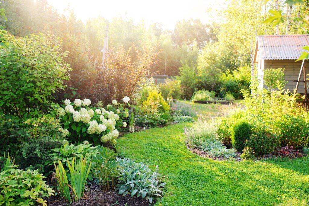 Sonnenlicht im Garten mit Blumenbeeten und Gartendekoration