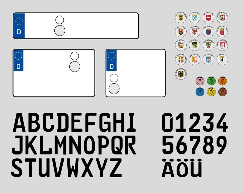 Übersicht von Kfz-Kennzeichen-Designs, Buchstaben, Zahlen und Wappen für Autoschilder in Mettmann – Darstellung der Details für eine korrekte Fahrzeuganmeldung.