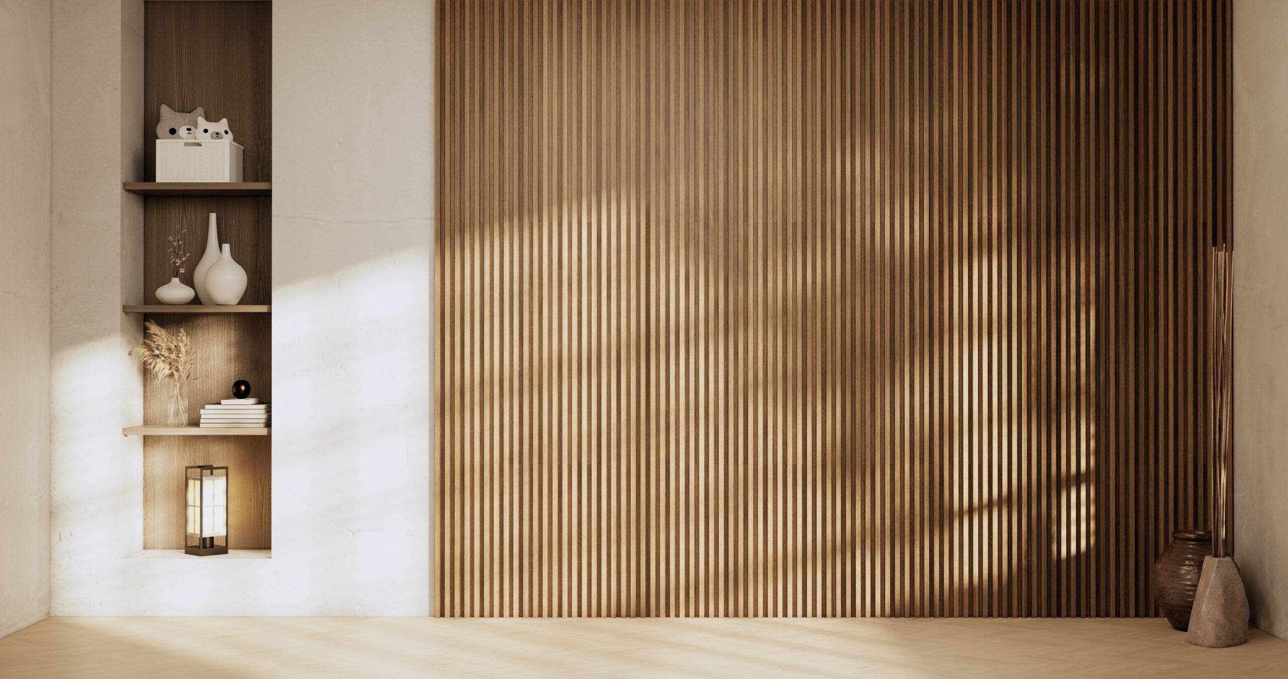 Moderner Raum mit holzverkleideter Wand