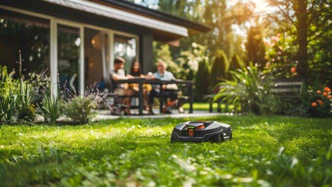 brunnenpumpe Maehroboter auf gepflegtem Rasen, ideal kombinierbar mit smarten Tools wie Brunnenpumpe und Bewaesserungssystem