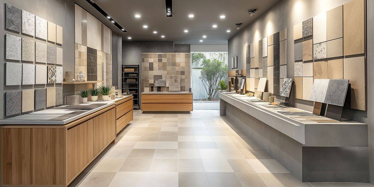Fliesenausstellung mit Mustern, Naturstein- und Betonoptik im Showroom in Moenchengladbach