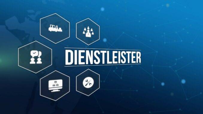 Symbolgrafik mit Dienstleistungsbereichen auf blauem Hintergrund Uebersicht zu modernen Dienstleistungsfeldern | Amazon Full Service Agentur
