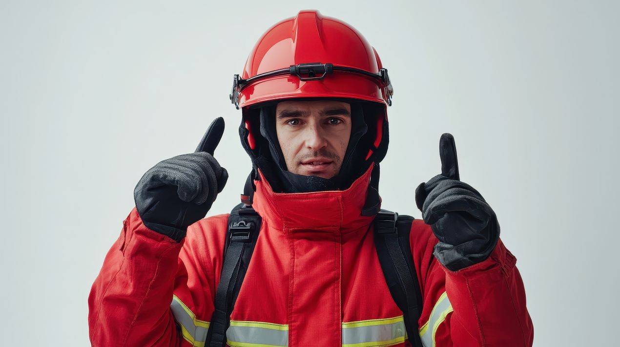 Feuerwehrmann in roter Schutzkleidung mit Daumen hoch – Symbolbild fuer praeventive Brandwache in Hamburg