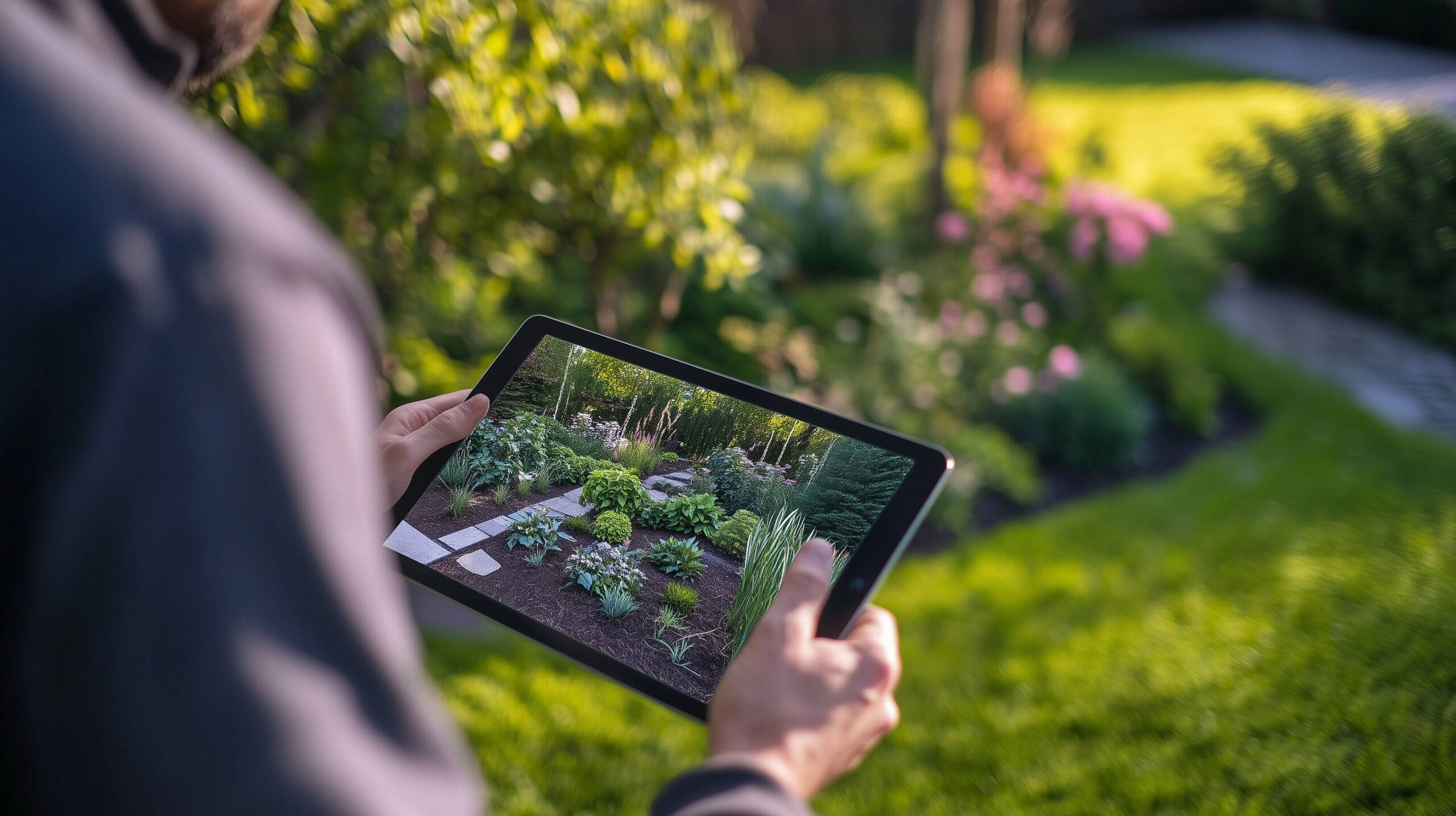Gartenbau Heidelberg: Tablet zeigt digitale Visualisierung eines gestalteten Gartens während Vor-Ort-Beratung