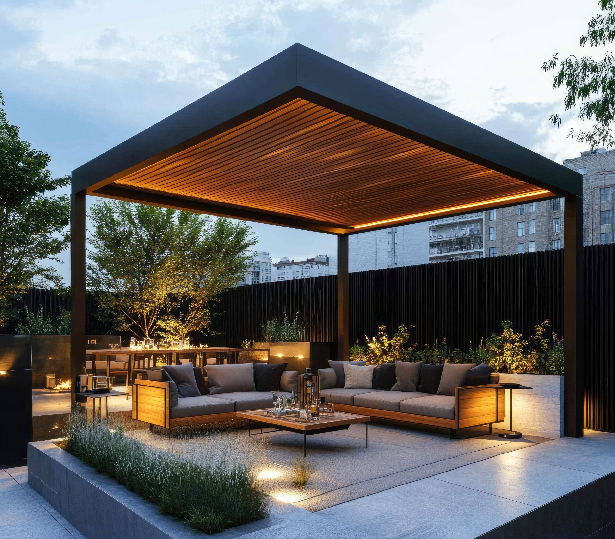 Hochwertige Terrassenüberdachung mit LED-Beleuchtung und Lounge-Möbeln in stilvollem Stadtgarten