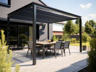 Moderne Terrassenüberdachung aus Aluminium über Sitzgruppe im Garten in Hamburg