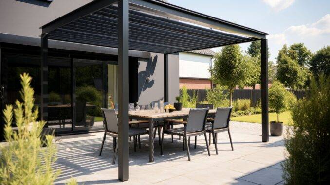 Terrassenüberdachung Hamburg Moderne Terrassenüberdachung aus Aluminium über Sitzgruppe im Garten in Hamburg