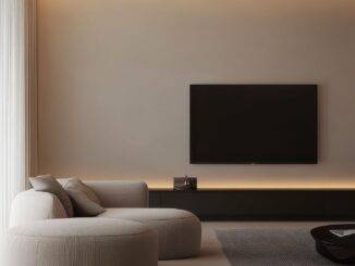 Helles Wohnzimmer mit Lichtlinien an Decke und Lowboard – elegante Anwendung von LED Profilen zur indirekten Beleuchtung