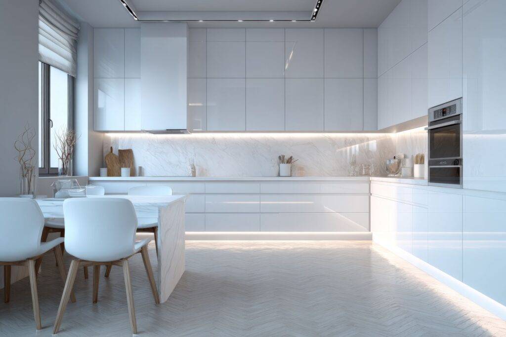 Moderne weisse Kueche mit LED Profilen zur Ausleuchtung der Arbeitsflaeche – klares Lichtkonzept mit sauberer Integration