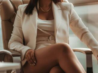 Escort werden Muenchen Frau im weissen Blazer sitzt elegant im Buero