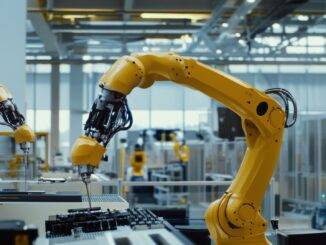 Gelber Roboterarm in Fertigungsanlage | Produktionsautomatisierung