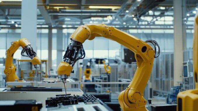 Gelber Roboterarm in Fertigungsanlage | Produktionsautomatisierung