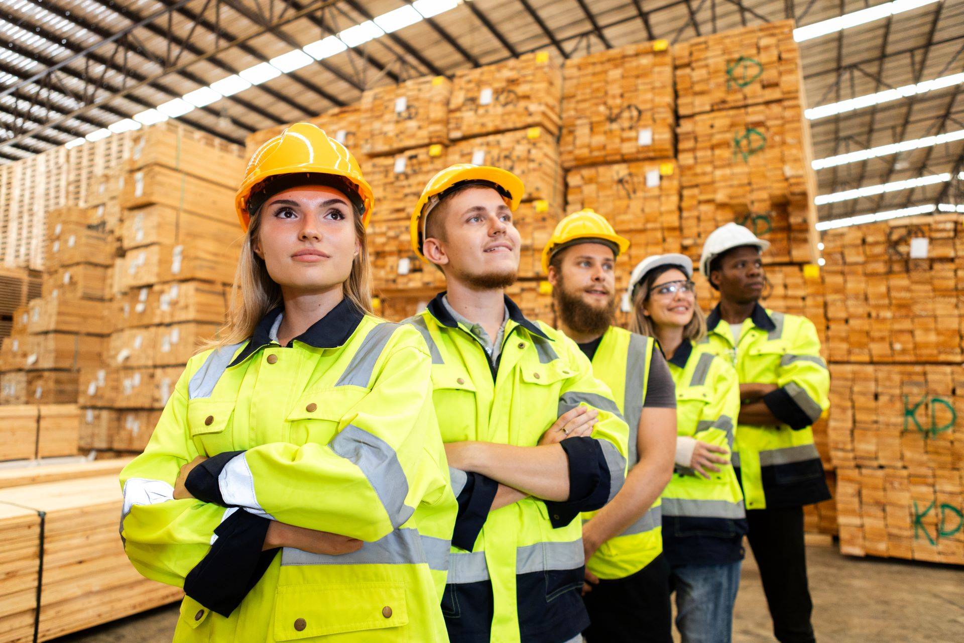 Gruppe junger Industriearbeiter in gelber Arbeitskleidung mit Helmen