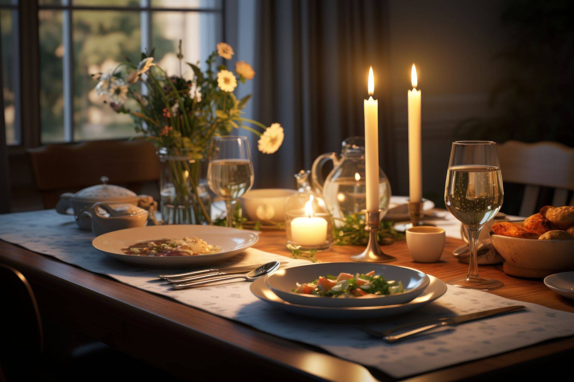 Gedeckter Tisch mit Wein, Kerzen und Abendessen