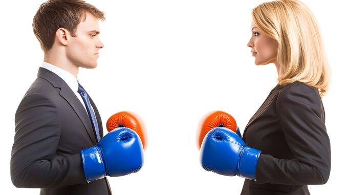 Symbolische Darstellung eines Konfliktes zwischen Geschäftspartnern Zwei Geschaeftsleute symbolisieren Konflikt mit Boxhandschuhen | Anwaltskanzlei für IT Recht
