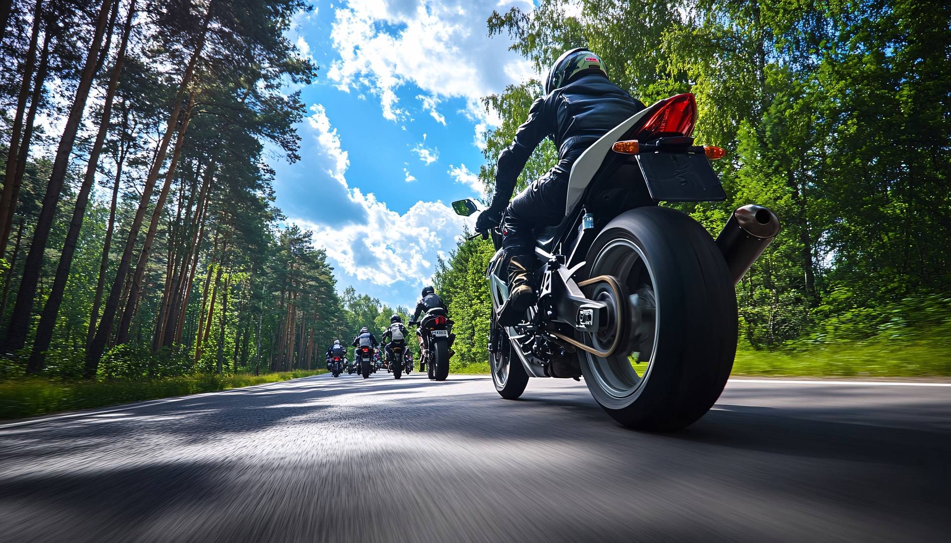 Motorradfahrer fahren gemeinsam durch Waldstrasse | Satteltaschen