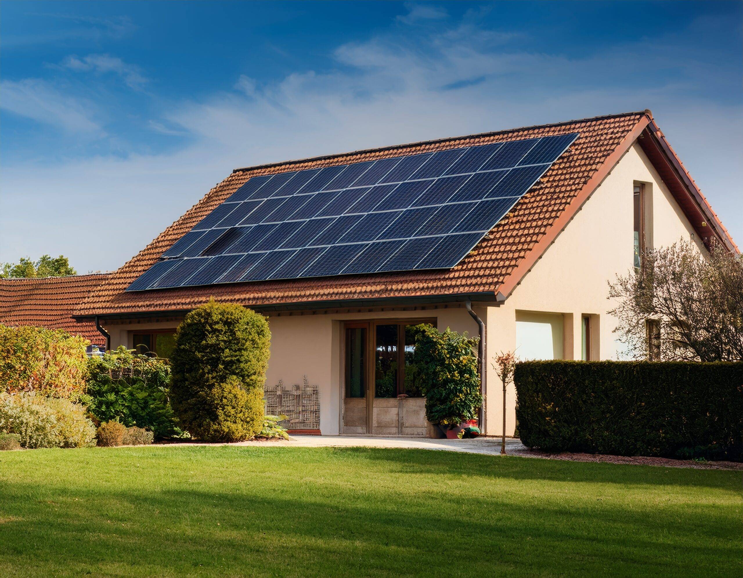 Freistehendes Wohnhaus mit Solarpaneelen auf dem Dach