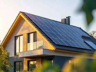 Nahaufnahme eines neuen Vorstadt Hauses mit einer Photovoltaikanlage auf dem Dach. Modernes, umweltfreundliches Passivhaus mit Solarpanelen auf dem Satteldach.