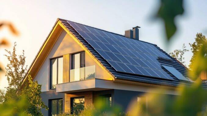 Nahaufnahme eines neuen Vorstadt Hauses mit einer Photovoltaikanlage auf dem Dach. Modernes, umweltfreundliches Passivhaus mit Solarpanelen auf dem Satteldach.