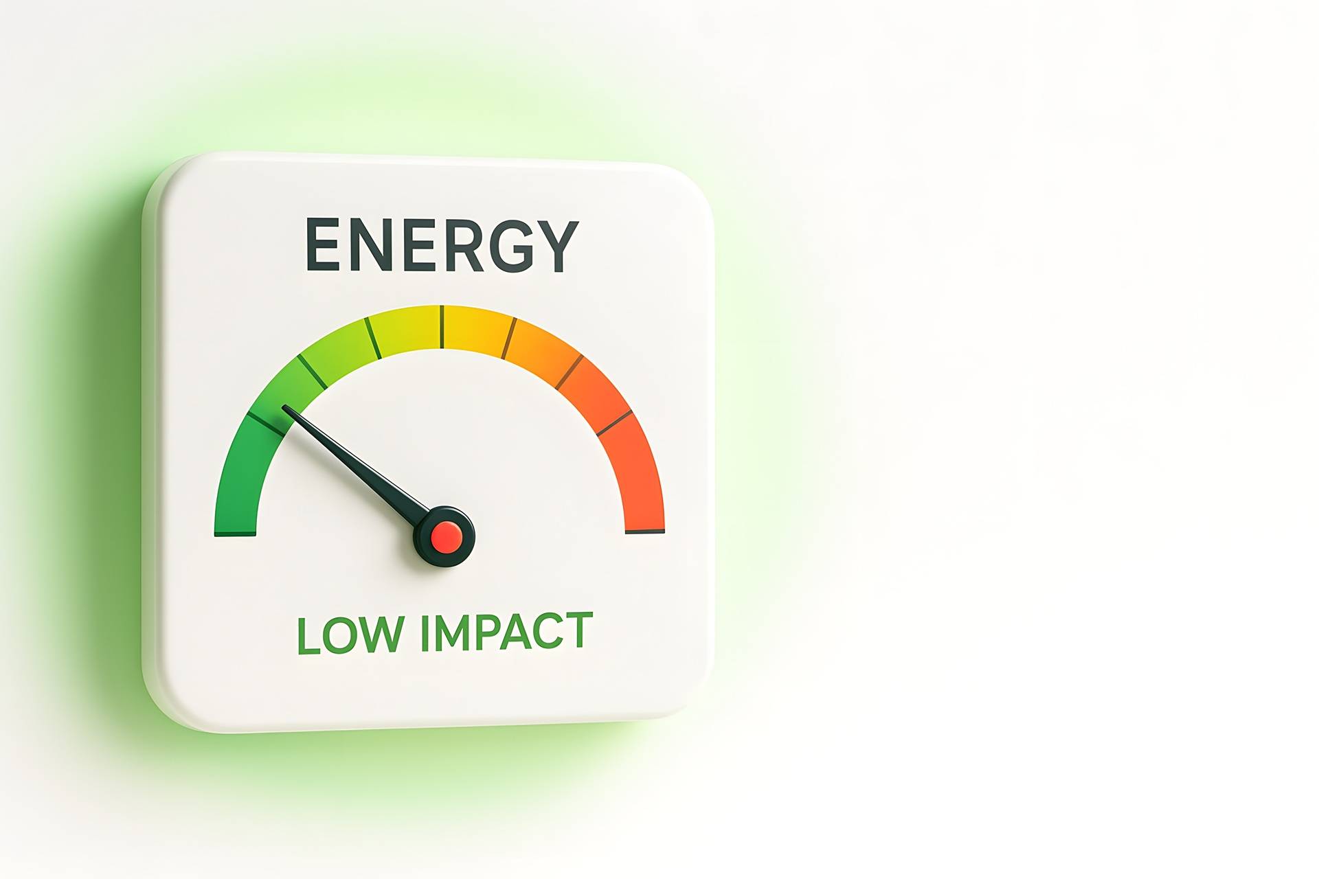 Energieanzeige mit Zeiger auf grünem Bereich und Schrift Low Impact | Heizölpreise Hamburg