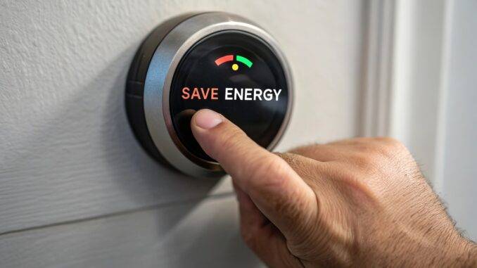 Nahaufnahme einer Hand, die auf Energiespar-Knopf drückt, als Symbol für Energieeffizienz und Kostenbewusstsein bei Heizölpreise Hamburg Hand drückt digitalen Knopf mit Schriftzug Save Energy | Heizölpreise Hamburg