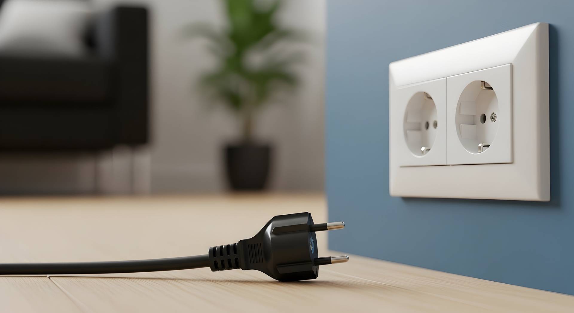 Schwarzer Stromstecker liegt vor weißer Steckdose im Wohnzimmer | Heizölpreise Hamburg